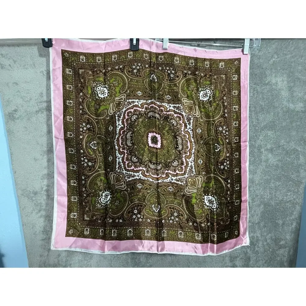 VTG Paisley Scarf Pink Green Boho Cottage Core Poly Satin 26